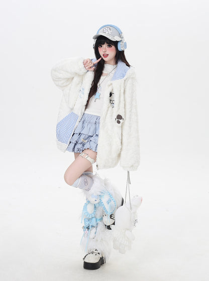 ねこモチーフチェックフード付きボアジャケット