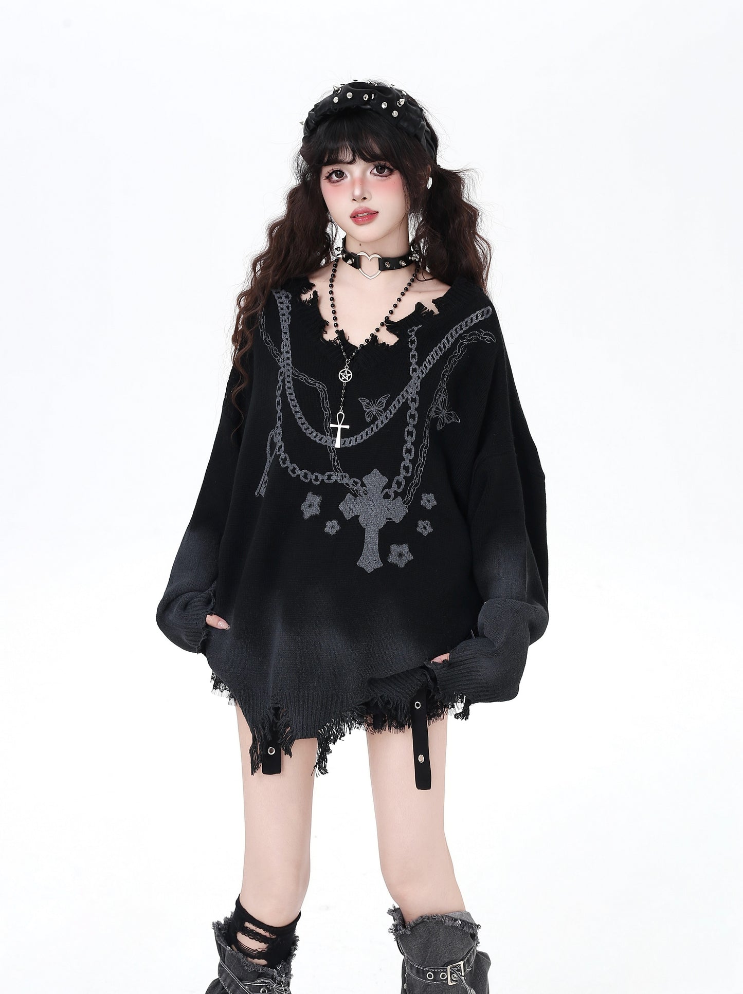 ゴスチェーン×グラデ破れデザインゆるニット