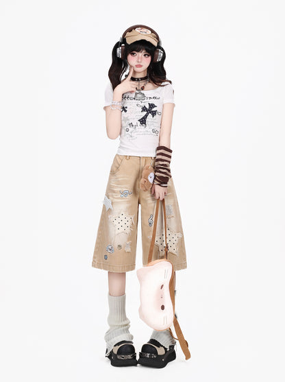 星柄ダメージワイドハーフパンツ