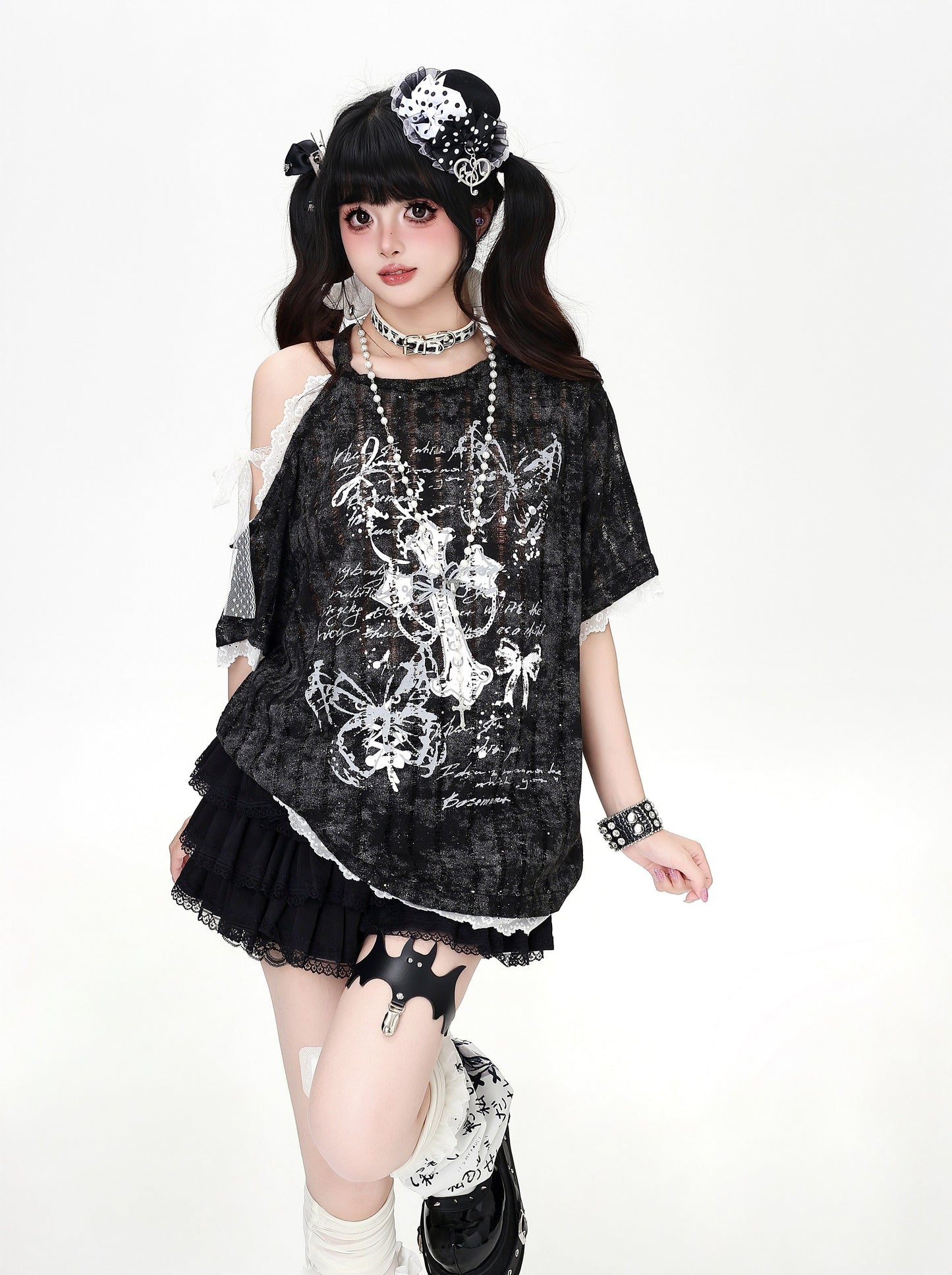 クロスレースオフショルTシャツ
