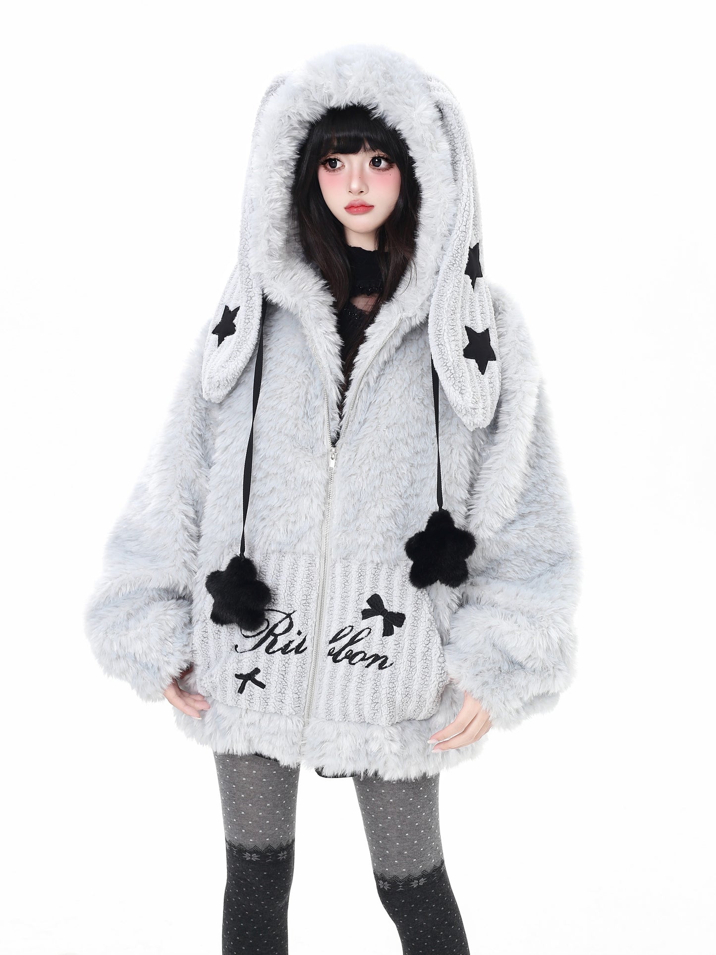 うさ耳フード×星柄ボアジャケット