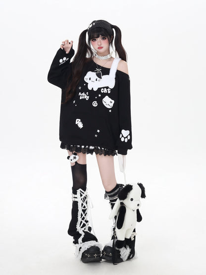 猫柄ふわもこオフショルスウェット