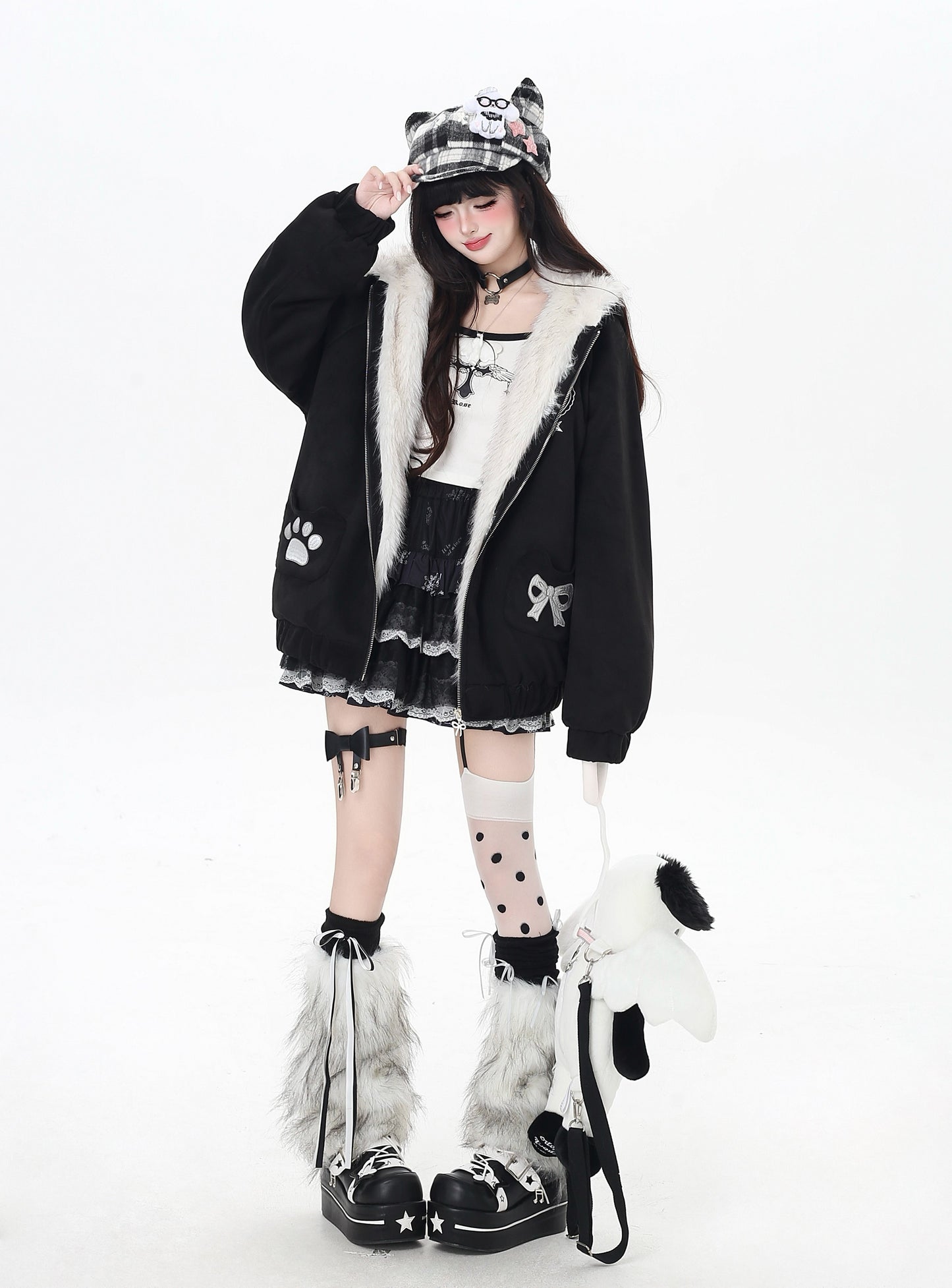 ねこ耳フード付きボアコットンジャケットコーデ