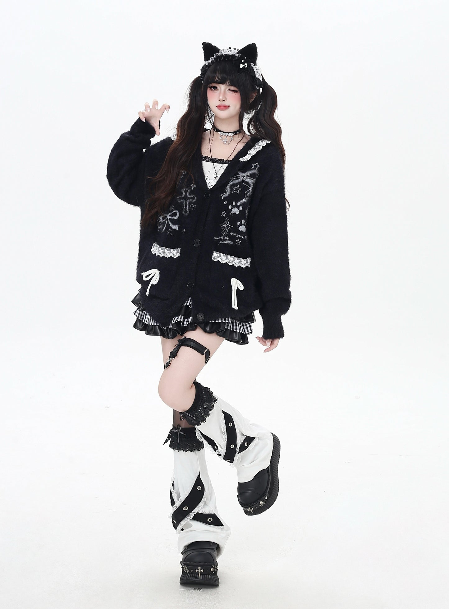 うさ耳レースフード付きニットカーデ