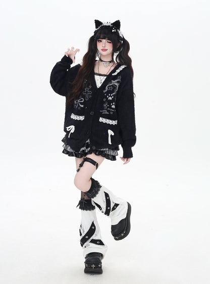 うさ耳レースフード付きニットカーデ