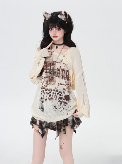 スプレー風ダメージ×透け感ニットロンT