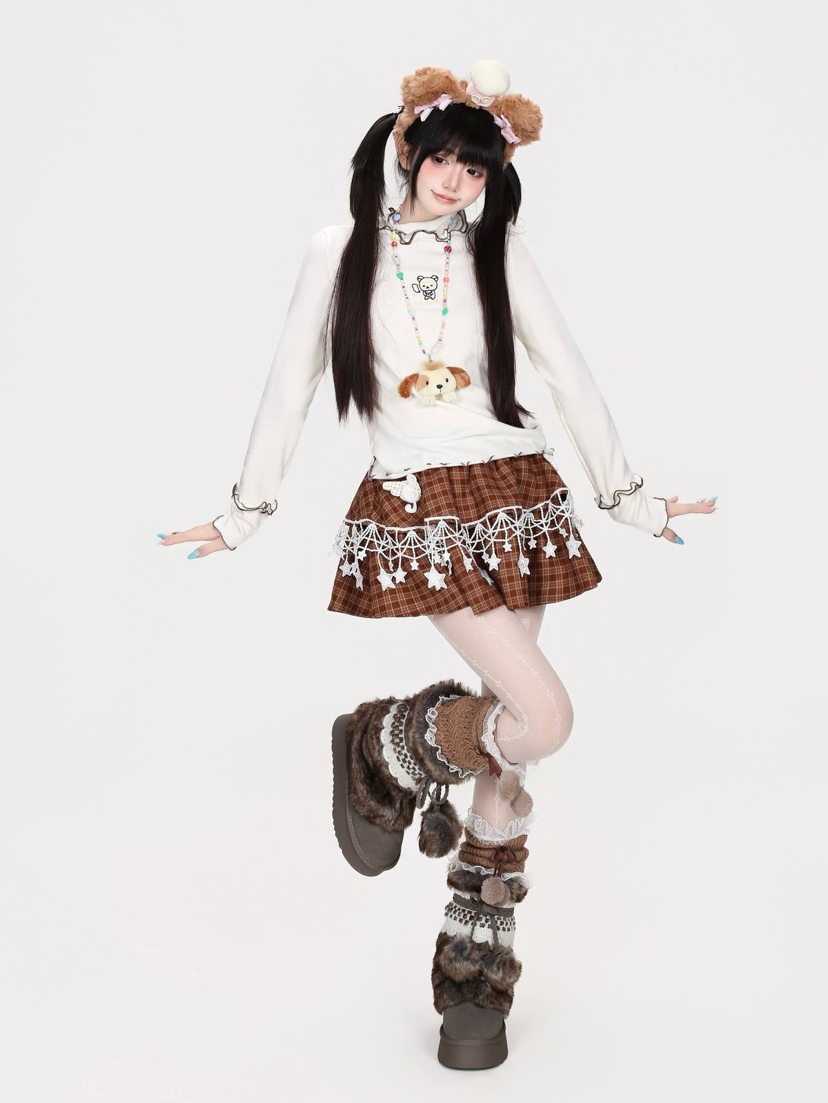 星モチーフレース付きチェック柄ティアードミニスカート