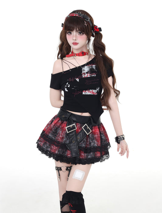 不規則カット×Y2Kストリート｜タイトなアシメショートTシャツ