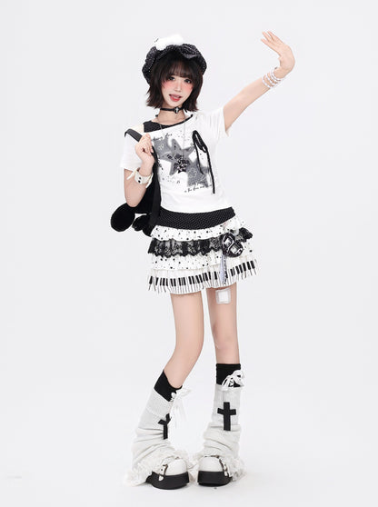 アシメ星柄ダメージTシャツ