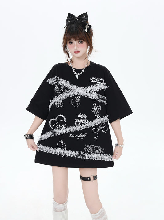 レースフリル＆カートゥーン！黒白ゆるTシャツ