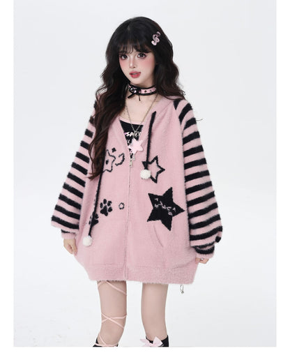 星柄ボーダーVネックフーディーニットカーデ