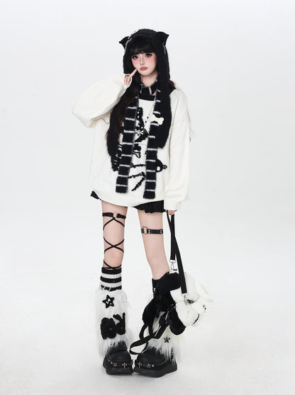 白黒ねこモチーフ ルーズニットプルオーバー｜秋冬ゆるサブカル