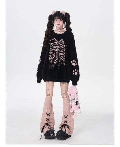 ふわふわネコモチーフ丸首ゆるニット 秋冬ガーリー