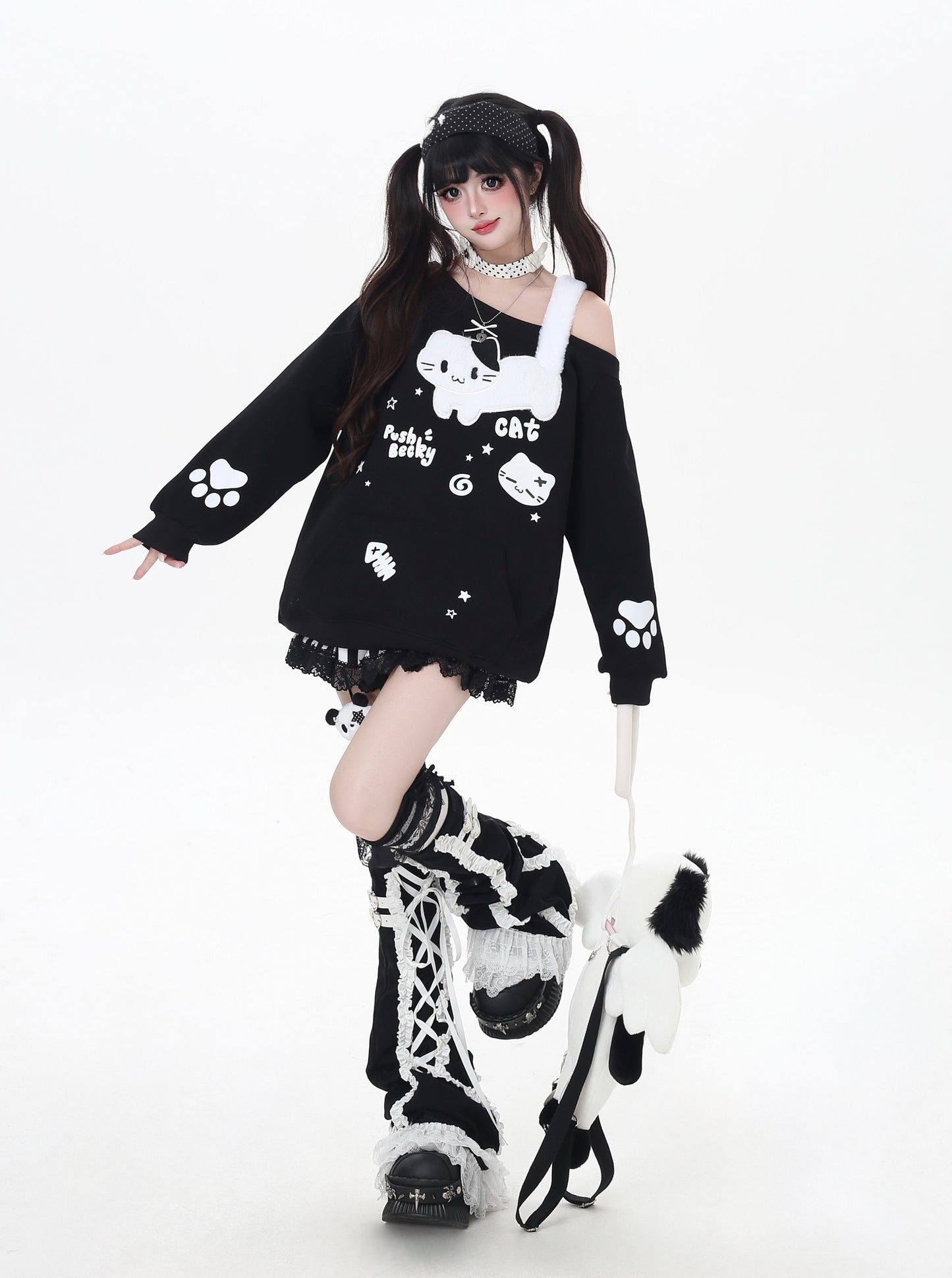 猫柄ふわもこオフショルスウェット