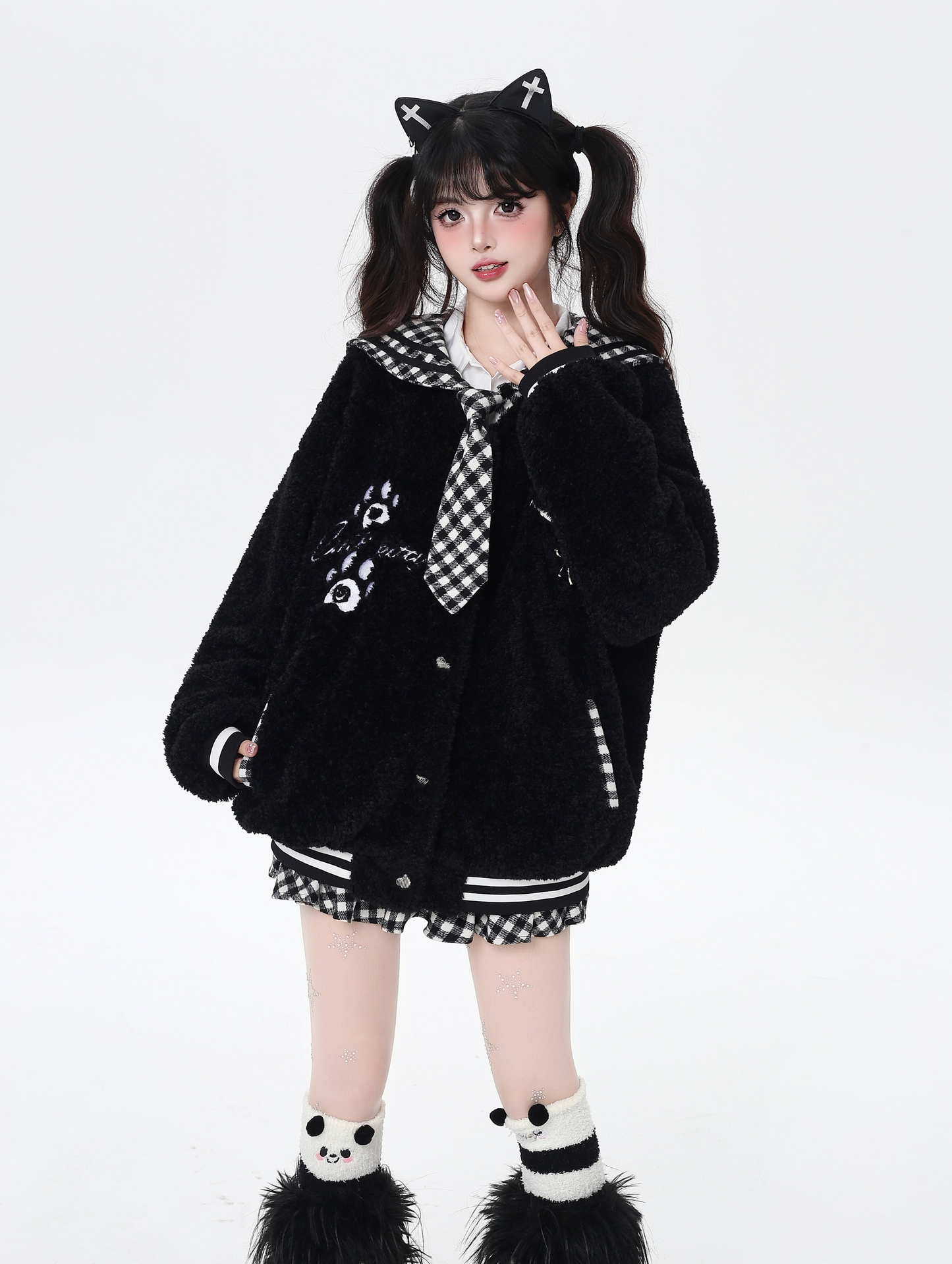 チェックセーラー襟ボアジャケット