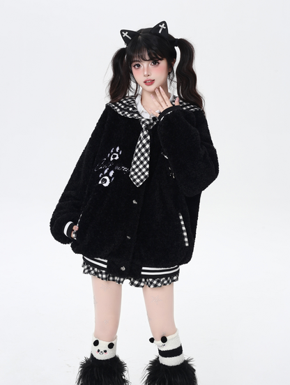 チェックセーラー襟ボアジャケット