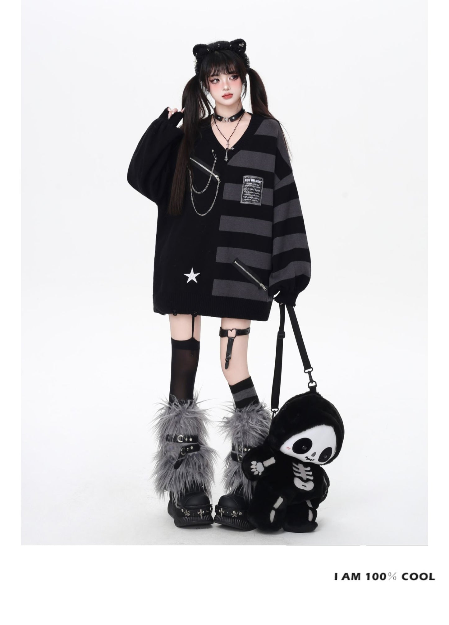 バイカラーストライプVネックニット