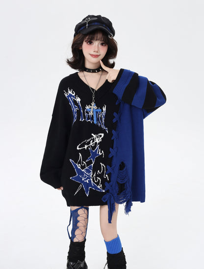 ゆるギャル系 Vネック配色リボンニット♡秋冬甘辛ミックス