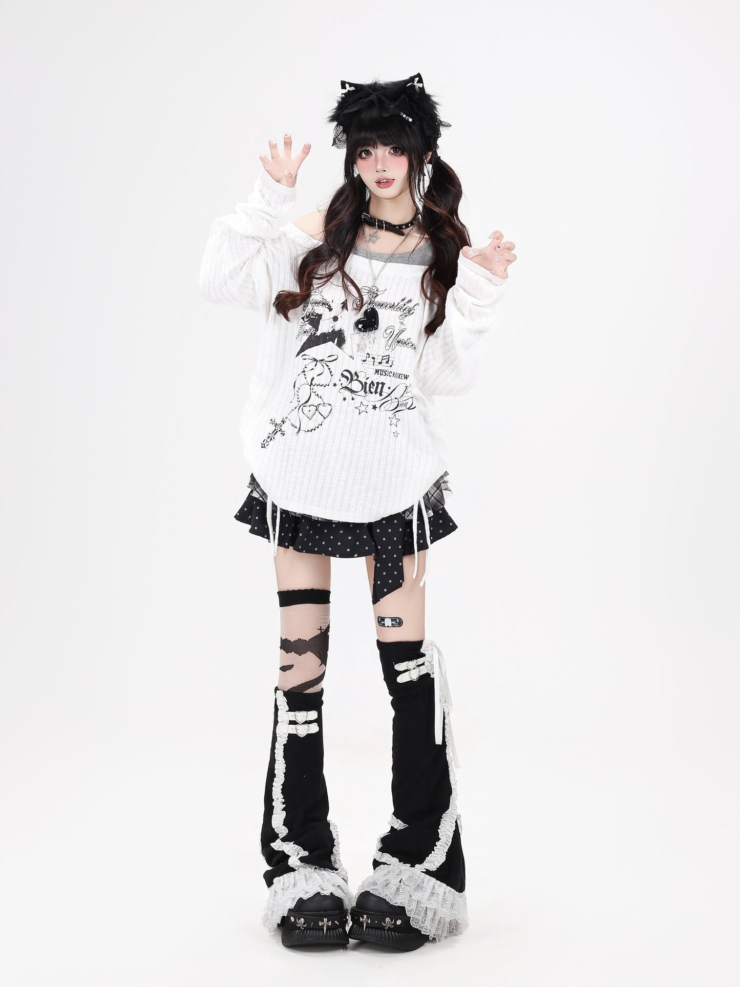 星柄レイヤード風ドロスト長袖トップス