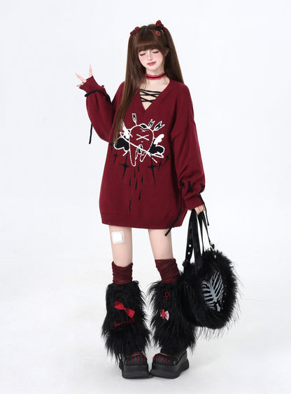 Vネック×リボン ゆるニットトップス