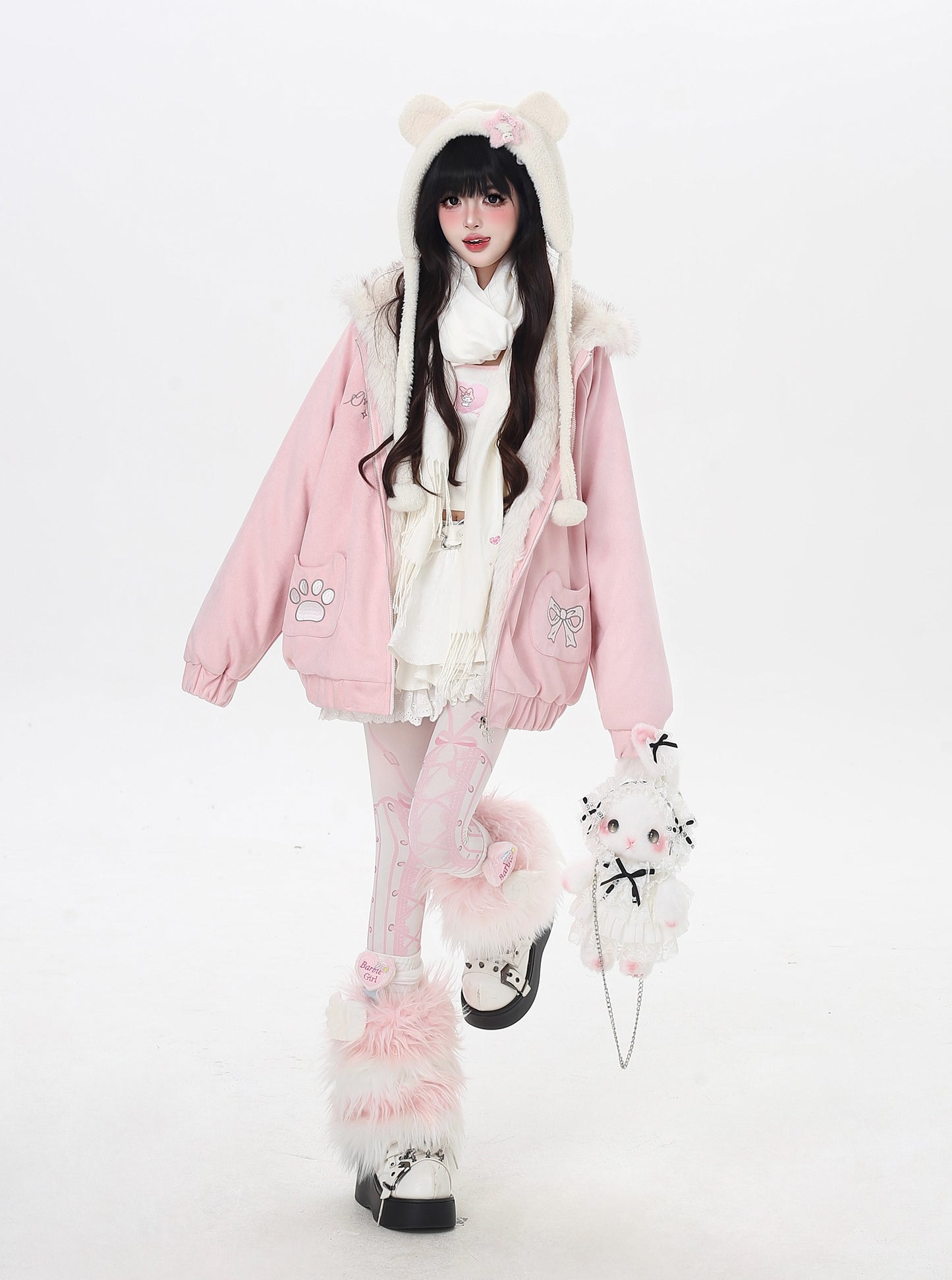 ねこ耳フード付きボアコットンジャケットコーデ
