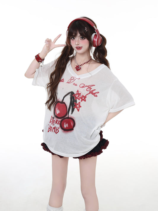 チェリー柄VネックUVカットTシャツ｜ゆったりシルエット