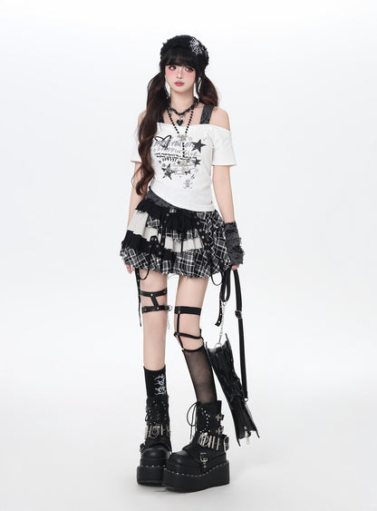 星柄フェイクレイヤード肩出しTシャツ