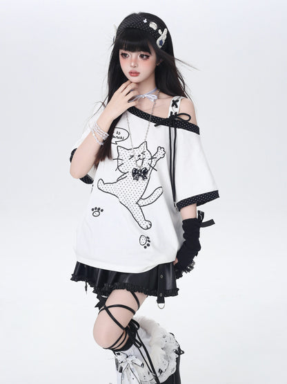 ドット×ネコ♡アシメTシャツ