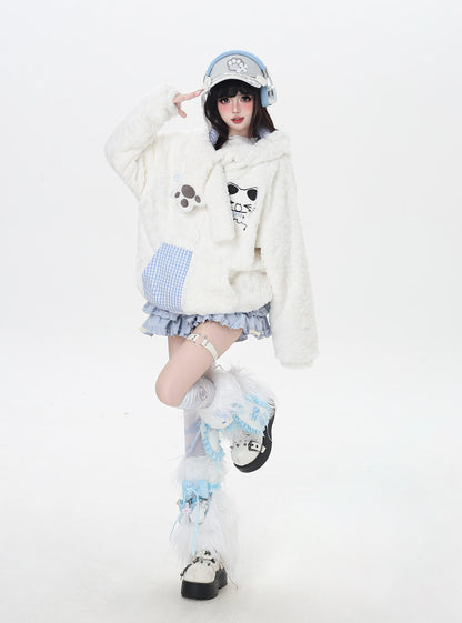 ねこモチーフチェックフード付きボアジャケット