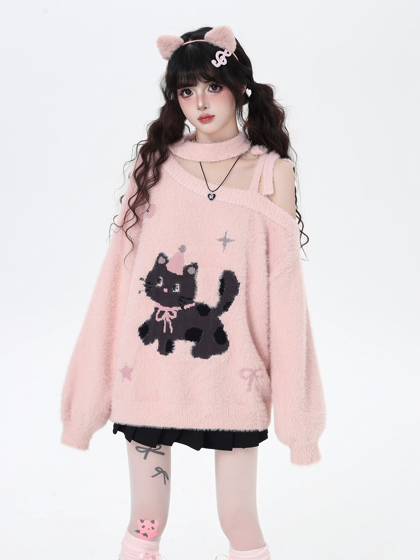ねこ刺繍オフショルふわもこニット｜ガーリースタイル