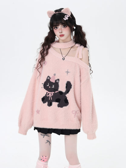 ねこ刺繍オフショルふわもこニット｜ガーリースタイル
