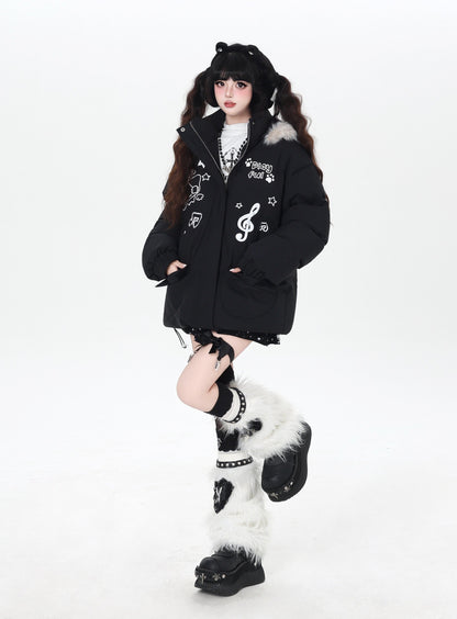 猫モチーフ 音符入り フード付き中綿ジャケット