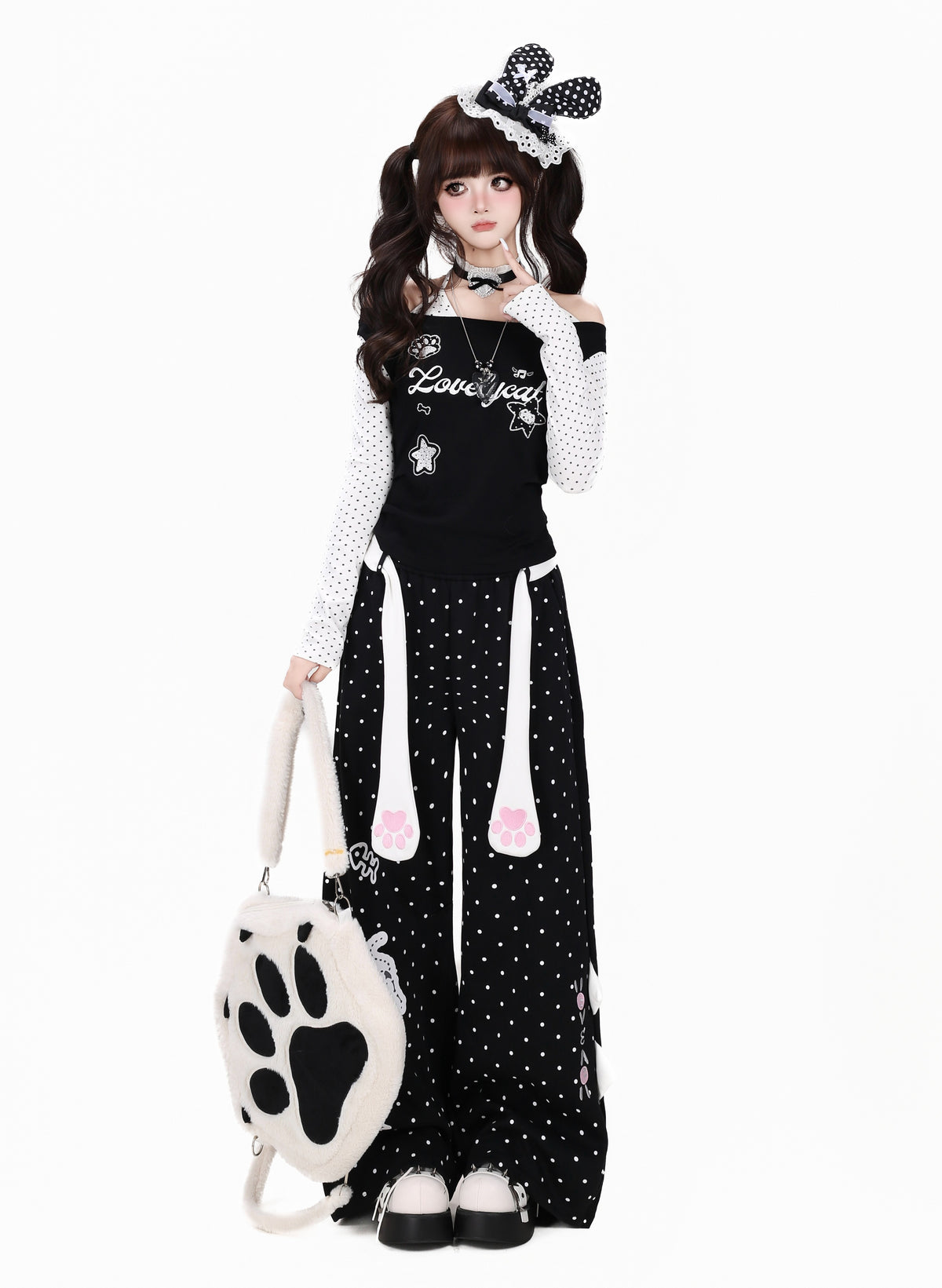 ねこドットプリントハイウエストワイドパンツ