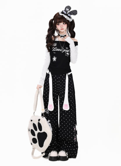 ねこドットプリントハイウエストワイドパンツ