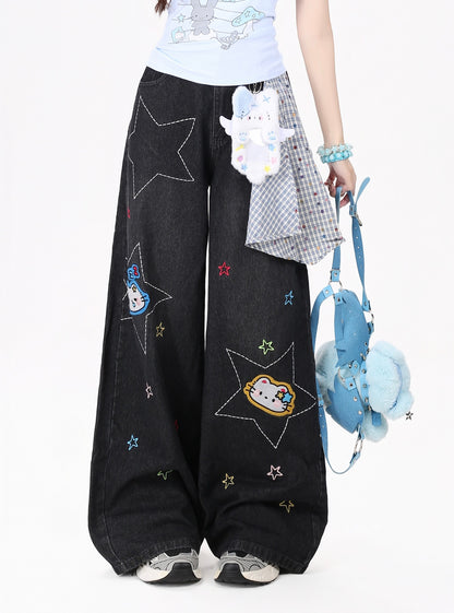 星刺繍ワイドデニム