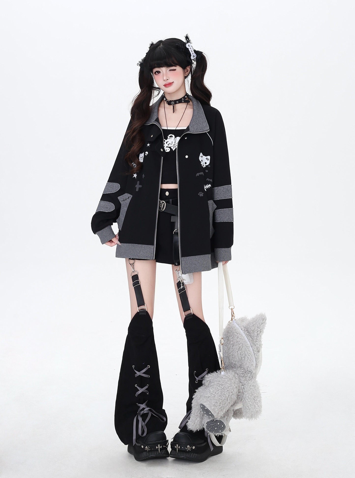 ねこ刺繍×スター柄 ラグランブルゾン