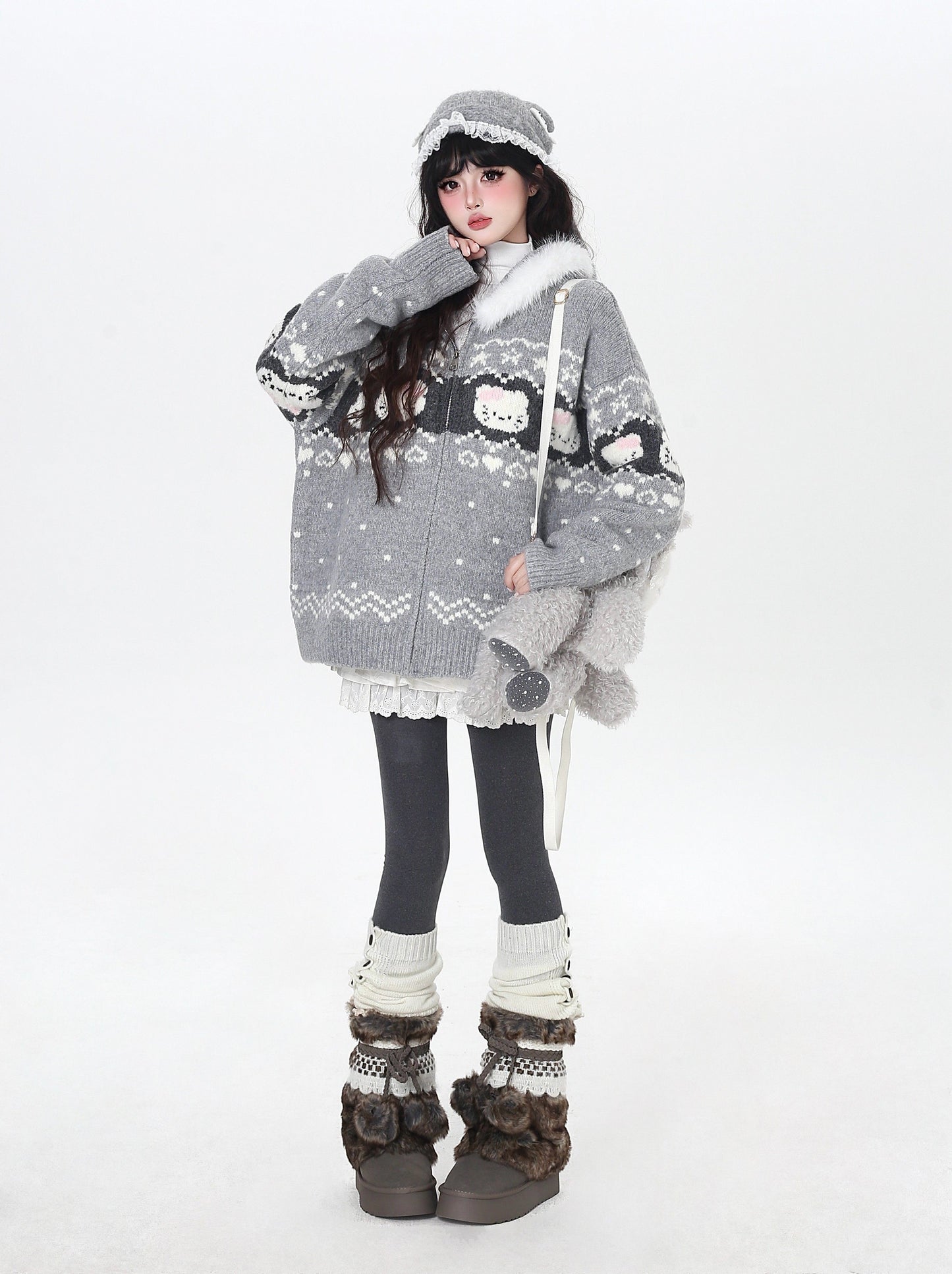 フェアアイル 猫モチーフ ニットフーディー