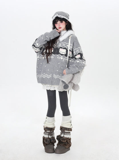 フェアアイル 猫モチーフ ニットフーディー