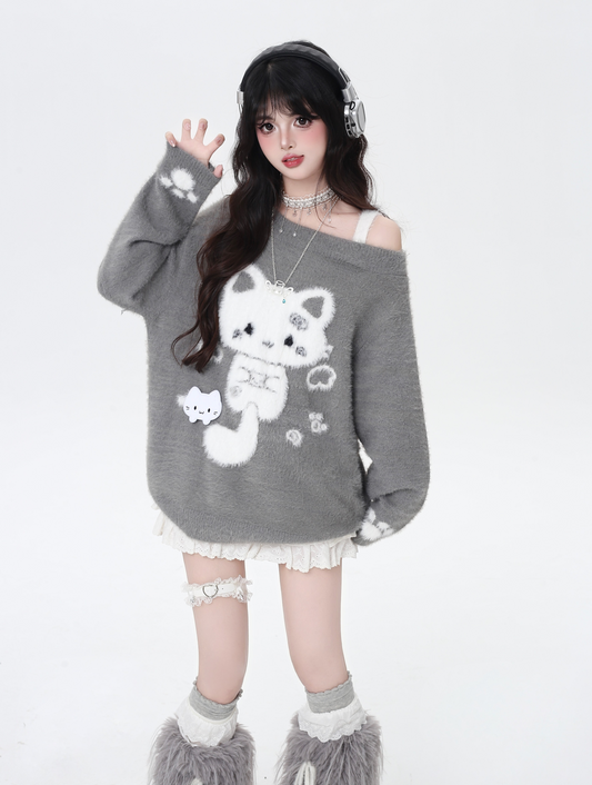 キャットモチーフアシメオフショルニット