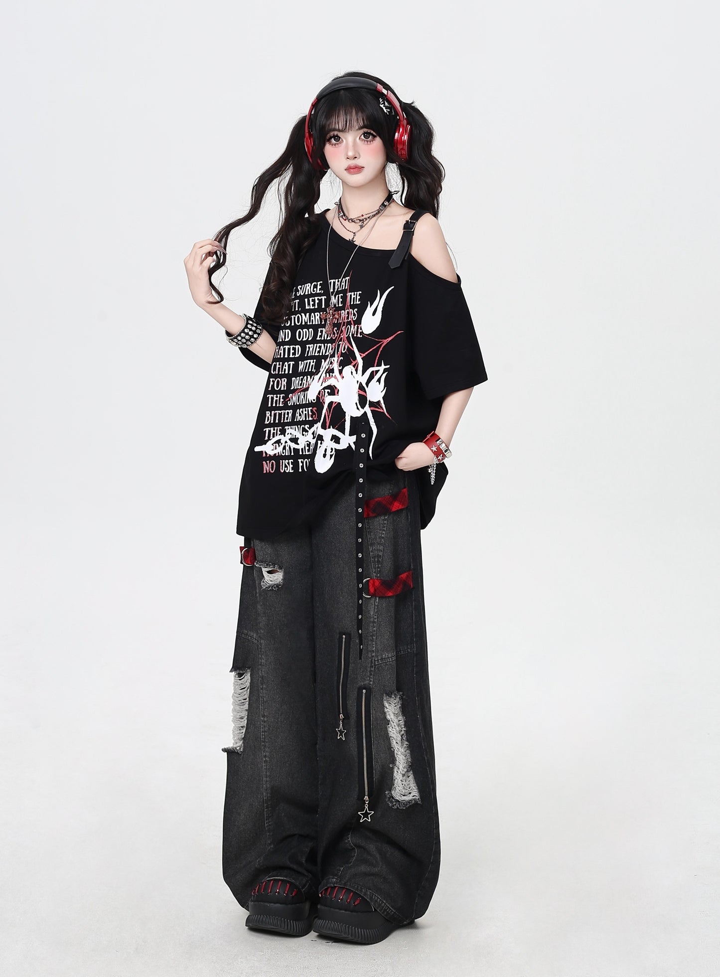 ハイウエストダメージワイドデニムパンツ／ストリート重工感スタイル