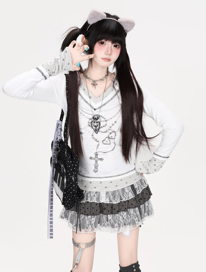 ハートグラフィックフェイクレイヤード長袖トップス