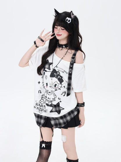 ネコ柄×チェック肩あきTシャツ