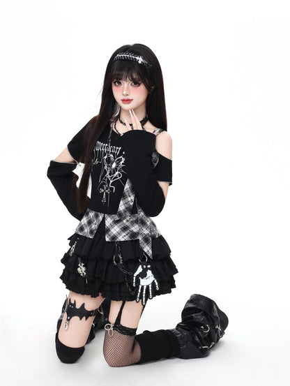 甘辛ミックスチェック切替肩出し細見えガーリーTシャツ