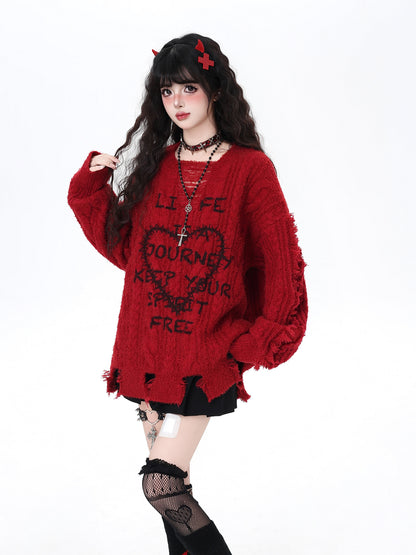 ヴィンテージハート×ダメージVネックゆるカジュアルニット