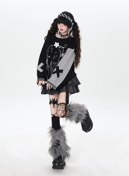 ゴシック サブカル 肩見せイラストプリントニット