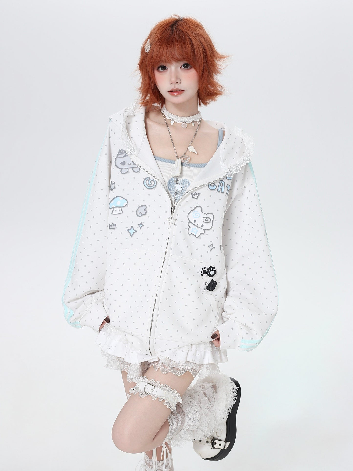 るカワ水玉フードスウェットジャケット