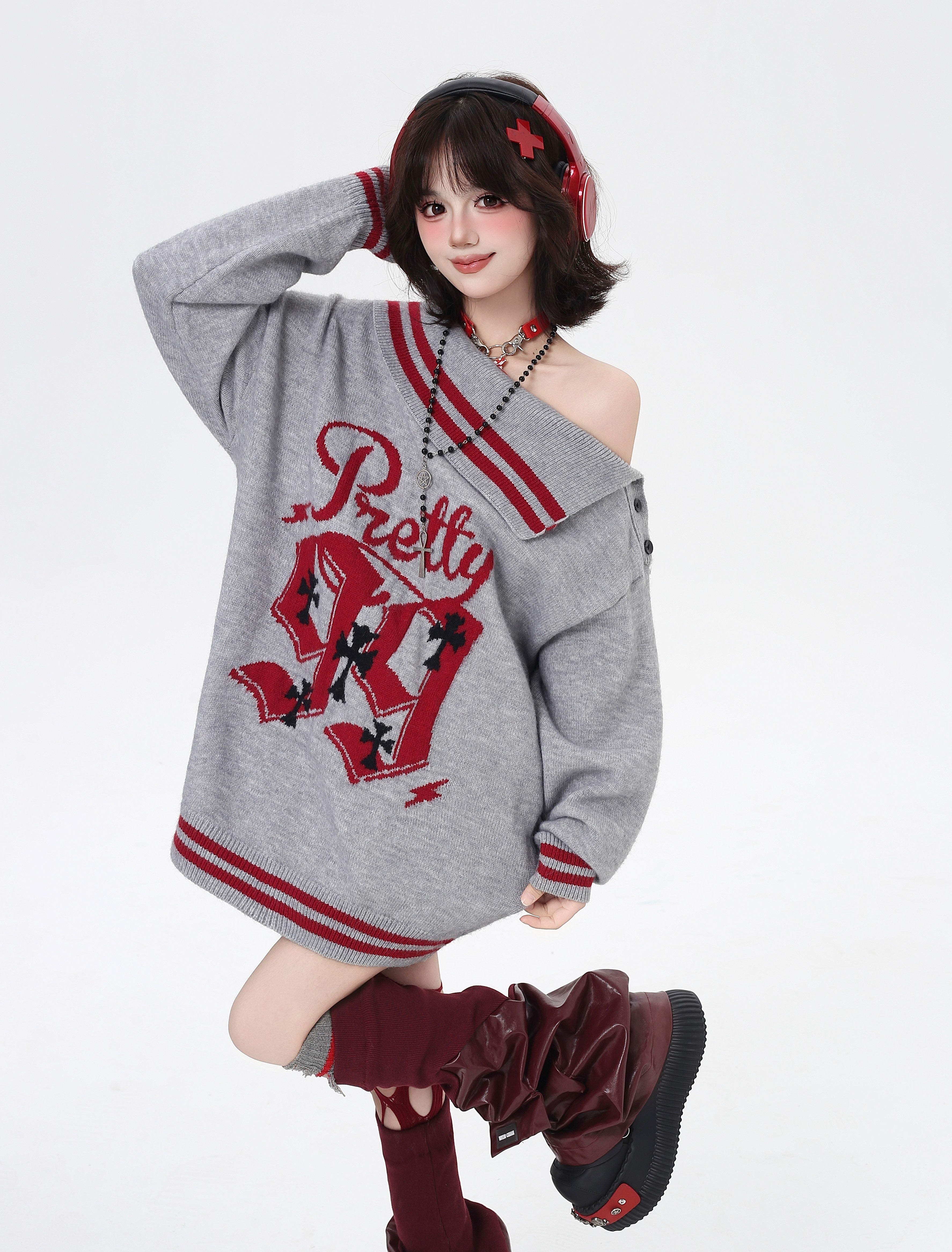 襟付きクロスプリントオフショルニット｜甘辛ストリート – CRAZYGIRL