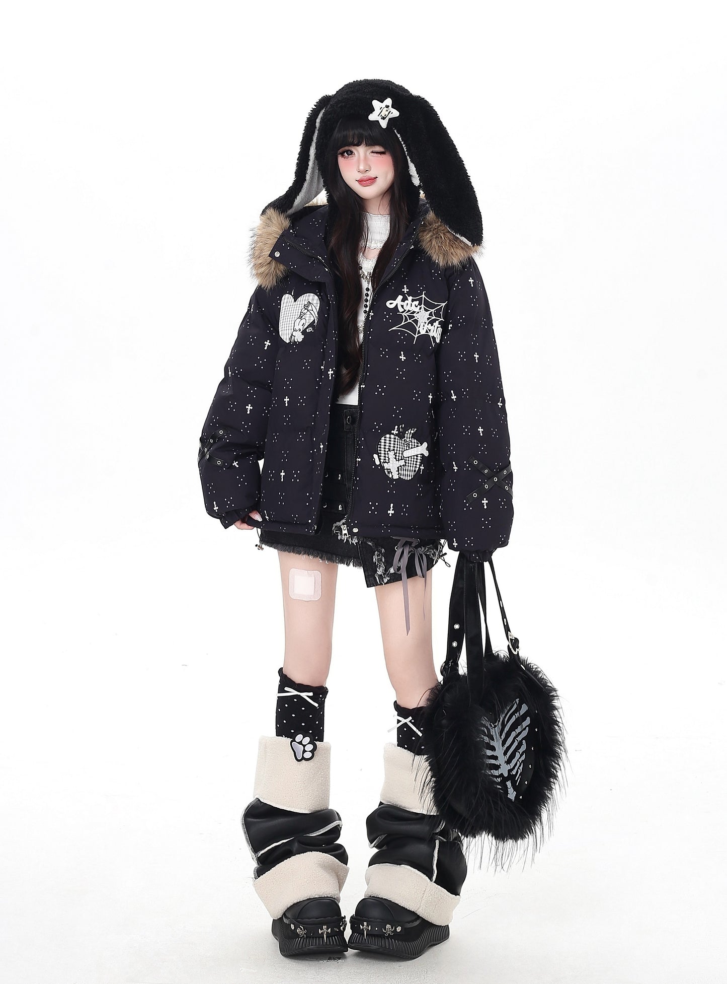 雪柄フード付き取り外し可毛襟コットンジャケット