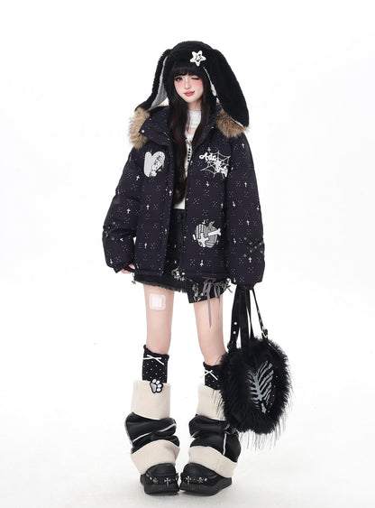 雪柄フード付き取り外し可毛襟コットンジャケット