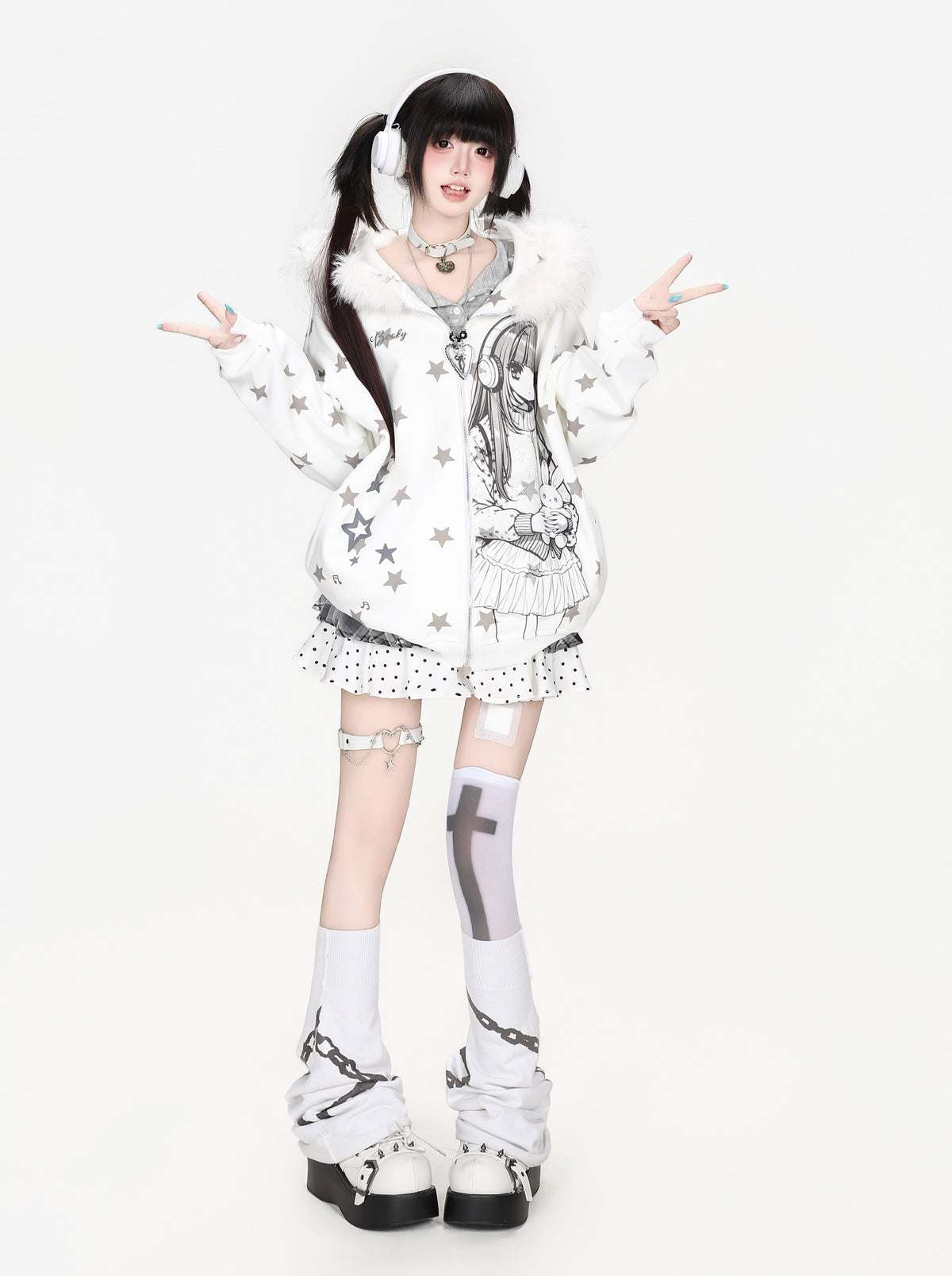 ヘッドホンガールプリント星柄ファーフードパーカー